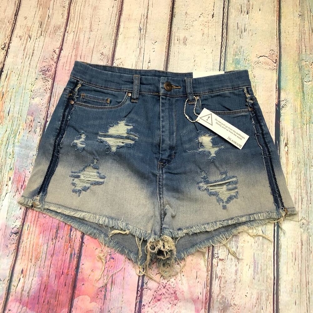 Blank NYC Short Womens 29 Blue Denim Ombre Solid Gold Hi-Rise ASO Selena Gomez